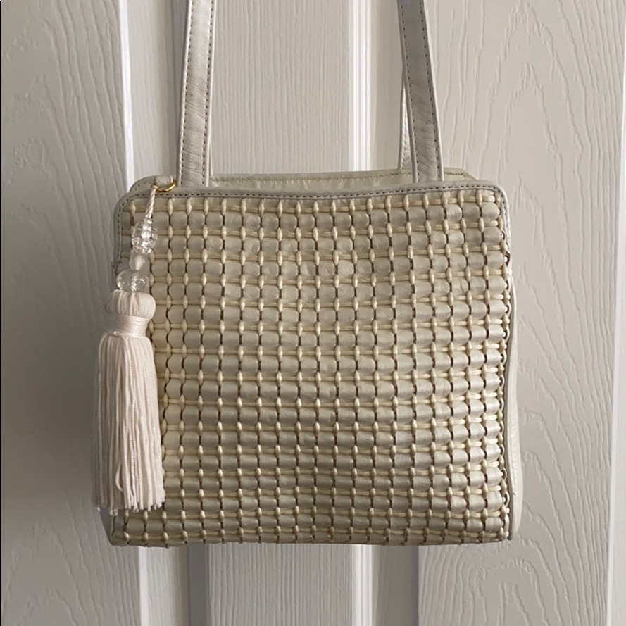 Vintage Ganson Pearl White Woven Handbag W/ Tassel